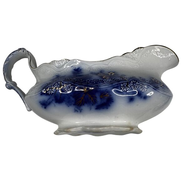 Antique Alfred Meakin Harvest Flow Blue Gravy Boat Porcelain w Underplate Relish - Picture 8 of 14